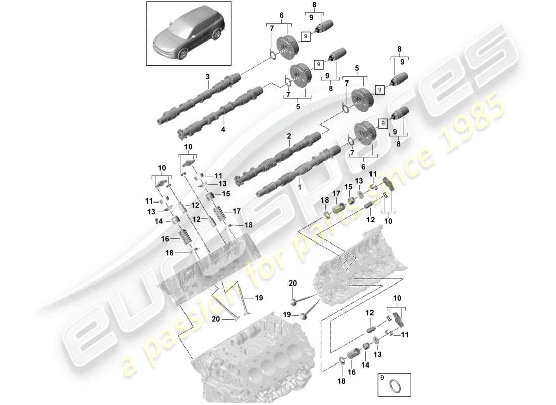 porsche 2021 (cayenne e3 9ya/9yb) albero a camme, valvole, unità di regolazione dell'albero a camme, diagramma delle parti