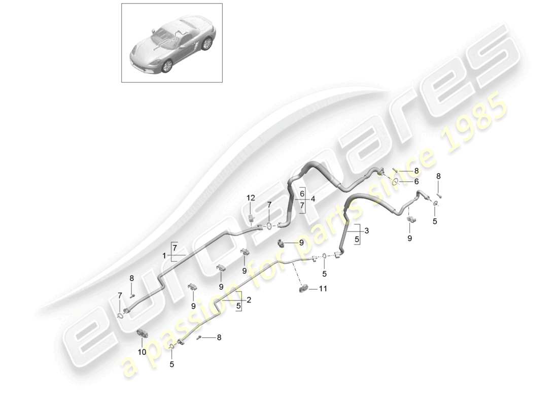 porsche 2021 (718 boxster) schema delle parti del circuito refrigerante sottoscocca e posteriore