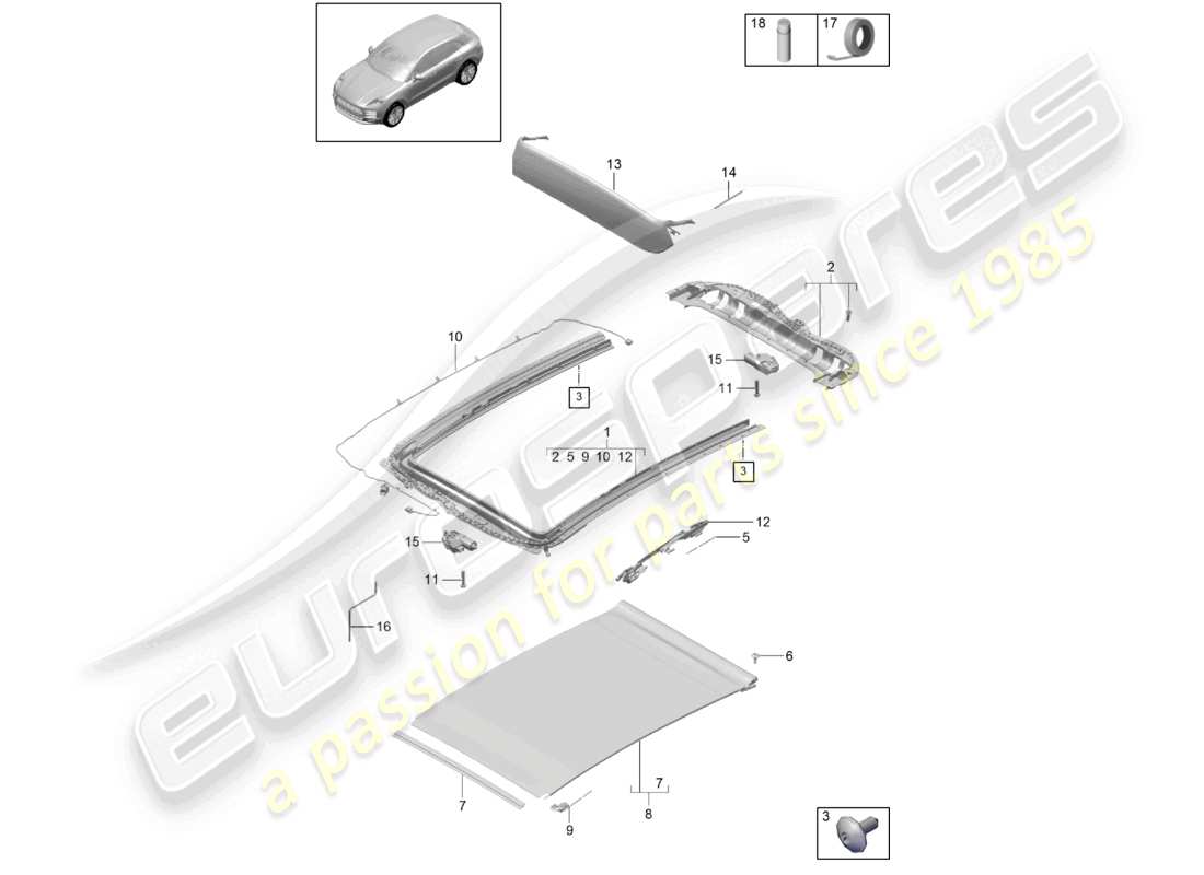 porsche 2021 (macan) accessori per telaio tetto in vetro diagramma delle parti