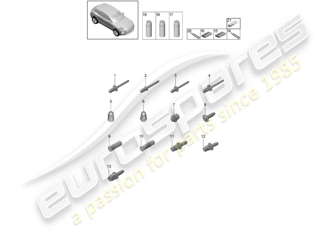 porsche 2021 (macan) elementi di fissaggio carrozzeria materiali di consumo diagramma delle parti