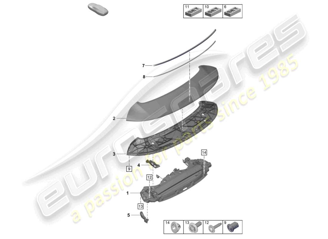 porsche 2022 (992-1 gt3/rs/st) schema delle parti spoiler posteriore