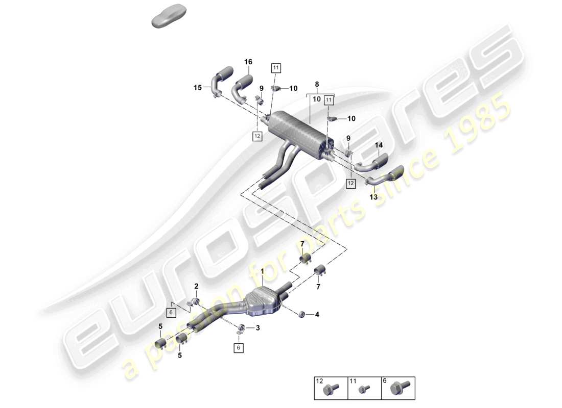 porsche 2025 (cayenne e3 pa) sistema di scarico silenziatore anteriore silenziatore posteriore terminale di scarico diagramma delle parti