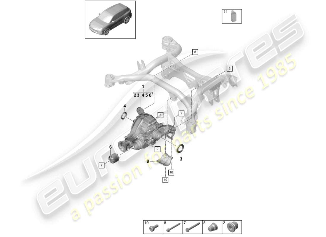 porsche 2021 (cayenne e3 9ya/9yb) differenziale dell'asse posteriore per modelli senza bloccaggio del differenziale schema delle parti