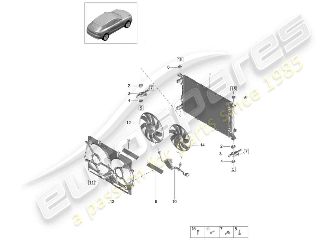 porsche 2021 (macan) sistema di raffreddamento del liquido di raffreddamento radiatore per liquido di raffreddamento diagramma delle parti