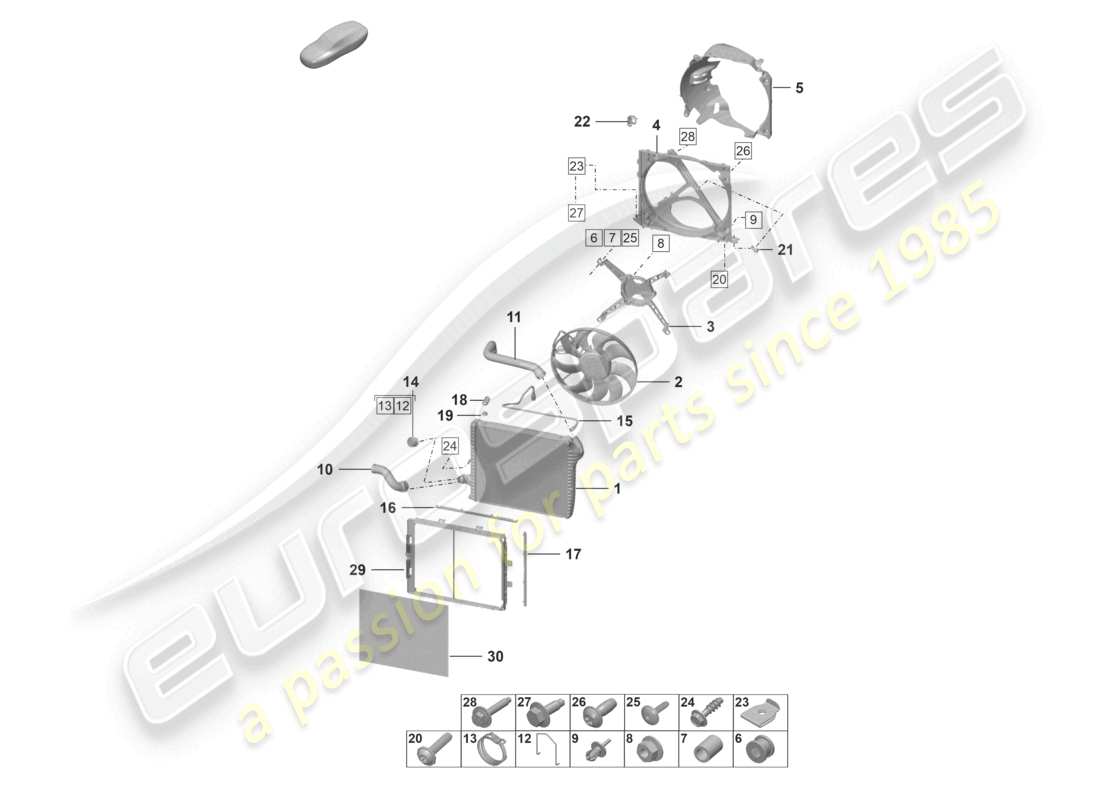 porsche 2021 (992-1) raffreddatore per il liquido di raffreddamento anteriore ventola del radiatore diagramma delle parti