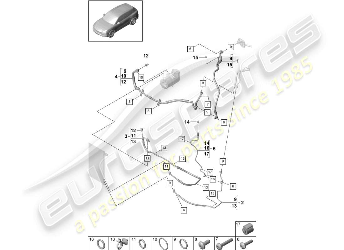 porsche 2022 (cayenne e3 9ya/9yb) circuito refrigerante v8 r1234yf liquido di raffreddamento per veicoli con trazione ibrida schema delle parti