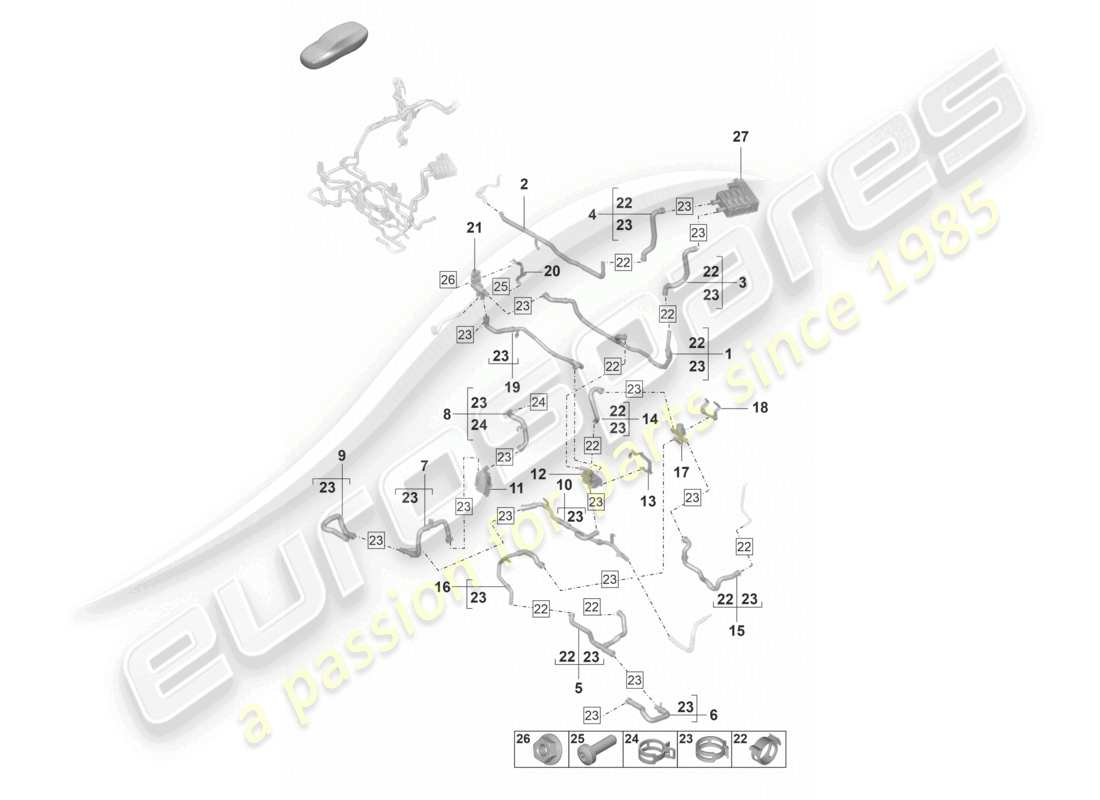 porsche 2023 (panamera 971-2) riscaldamento, sistema di climatizzazione anteriore per veicoli con trazione ibrida per veicoli con riscaldamento ausiliario schema dei componenti
