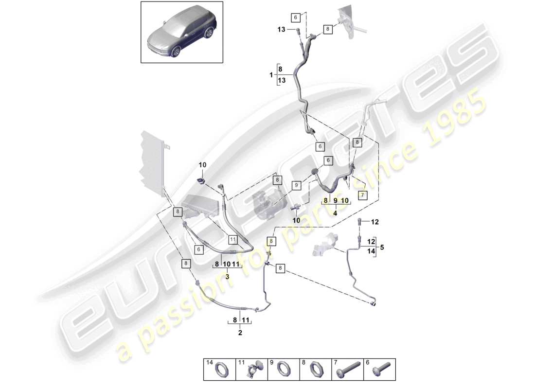 porsche 2023 (cayenne e3 9ya/9yb) circuito refrigerante v6 r1234yf per veicoli con trazione ibrida schema delle parti