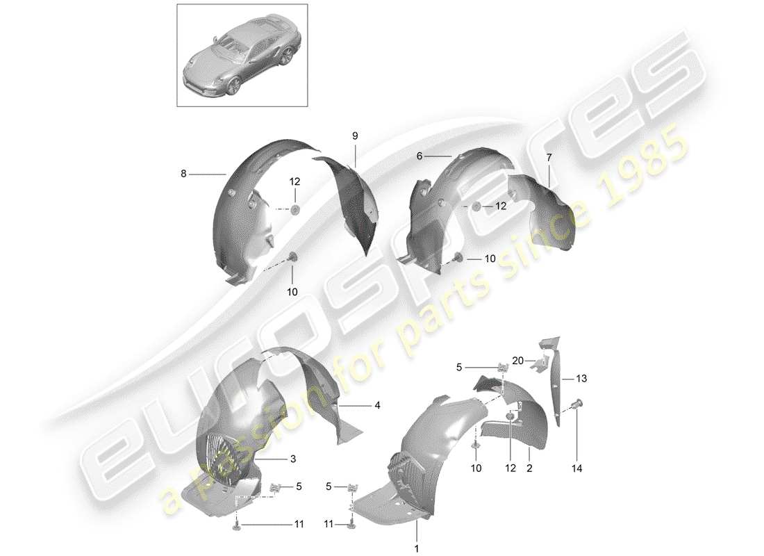 porsche 991 turbo (2018) protezione della timoneria diagramma delle parti