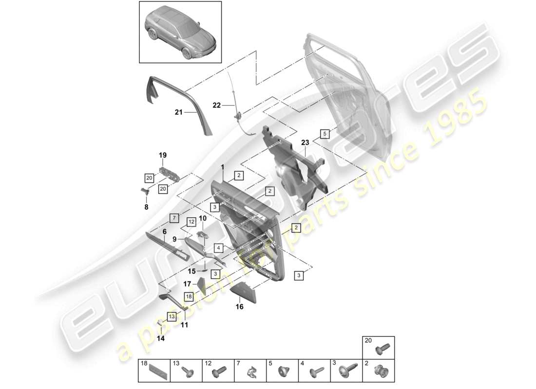 porsche 2023 (cayenne e3 9ya/9yb) schema delle parti in pelle del pannello posteriore della porta