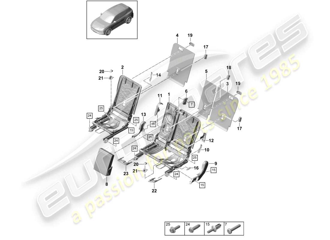 porsche 2022 (cayenne e3 9ya/9yb) schienale del sedile posteriore accessori di finitura sedile standard schema delle parti