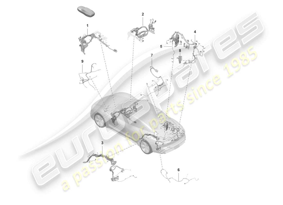 porsche 2020 (taycan 9j1-1) sezione cablaggio per abitacolo sistema di controllo pressione pneumatici portellone posteriore sensore temperatura per circuito refrigerante diagramma parte