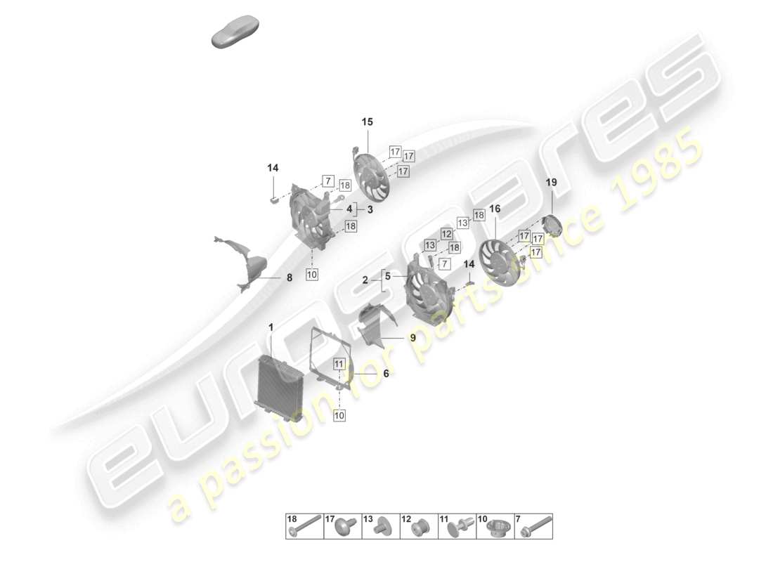 porsche 2020 (taycan 9j1-1) radiatore del liquido di raffreddamento con ventola del radiatore diagramma delle parti