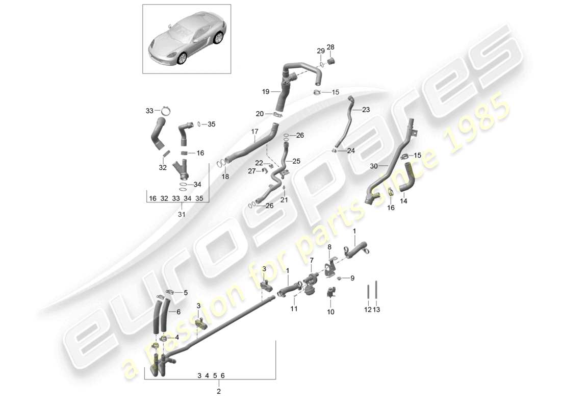 porsche 2022 (718 cayman) schema delle parti del sistema di raffreddamento del liquido di raffreddamento del tubo dell'acqua