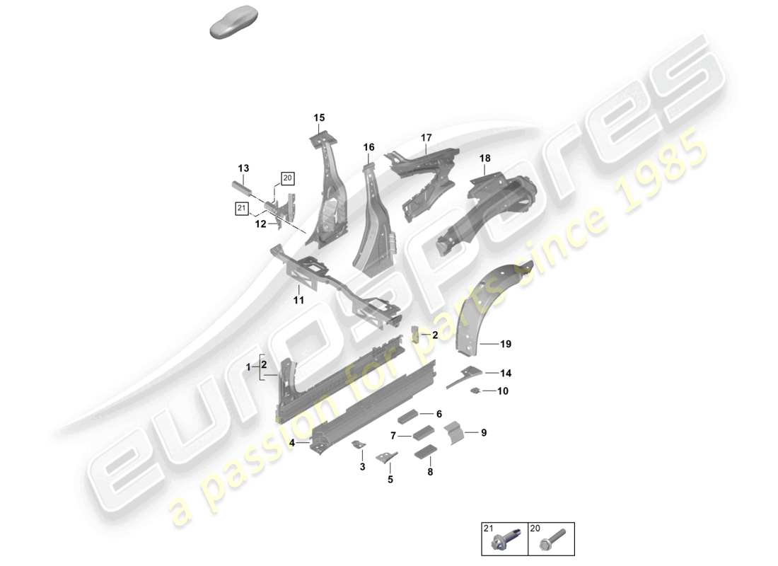 porsche 2025 (992-2 gt3) pannello laterale interno della soglia, schema delle parti del montante b interno