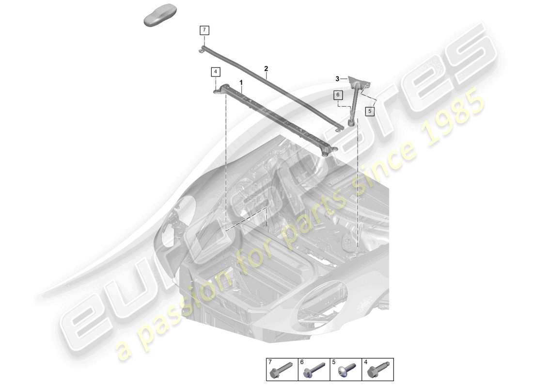 porsche 2025 (992-2 gt3) schema delle parti degli accessori anteriori del montante a cupola
