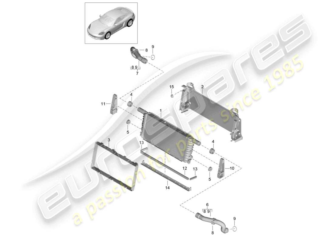 porsche 2021 (718 cayman) schema delle parti del radiatore per il centro del refrigerante
