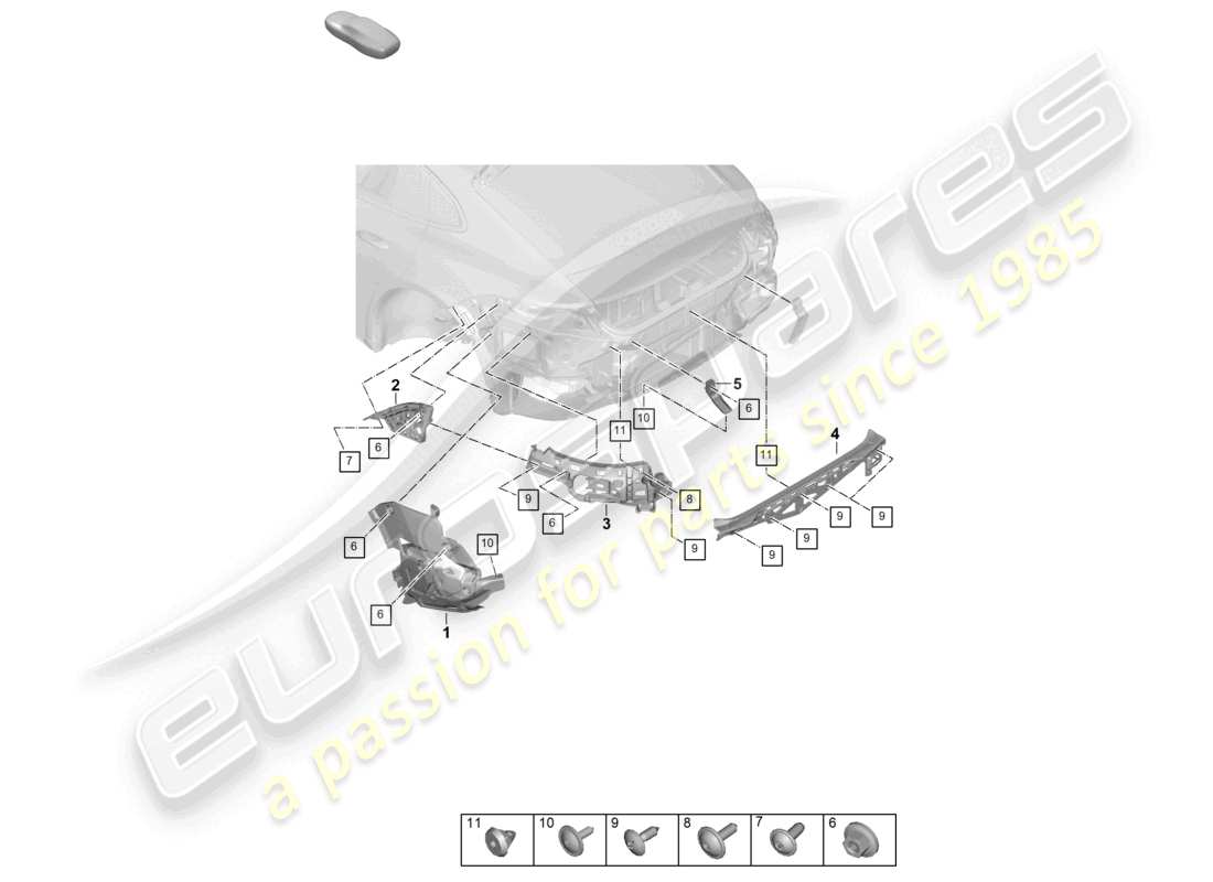 porsche 2025 (panamera 976) diagramma delle parti del paraurti posteriore di fissaggio