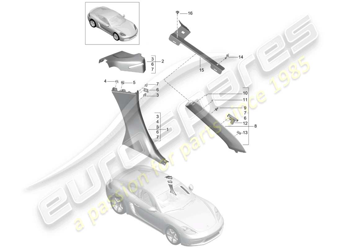 porsche 2022 (718 cayman) schema delle parti del montante b del rivestimento del pannello laterale