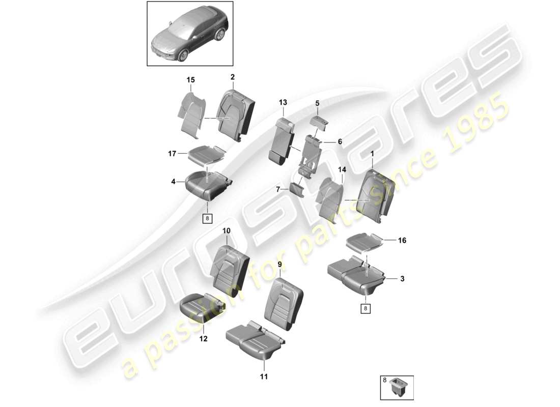 porsche 2022 (cayenne e3 9ya/9yb) sedile posteriore sedile comfort parte in schiuma rivestimento del sedile schema delle parti