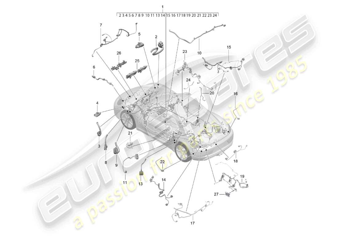 porsche 2023 (718 cayman) cablaggi cablaggio dell'abitacolo e della sezione parziale schema delle parti