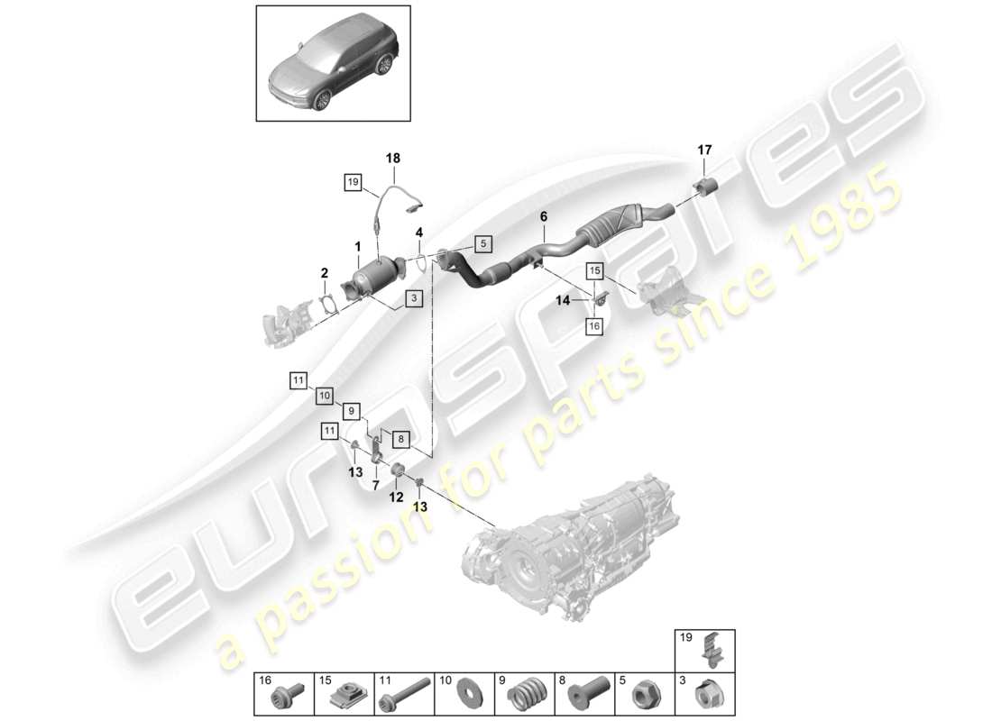 porsche 2023 (cayenne e3 9ya/9yb) sistema di scarico convertitore catalitico tubo di scarico con silenziatore anteriore sonda lambda schema dei componenti