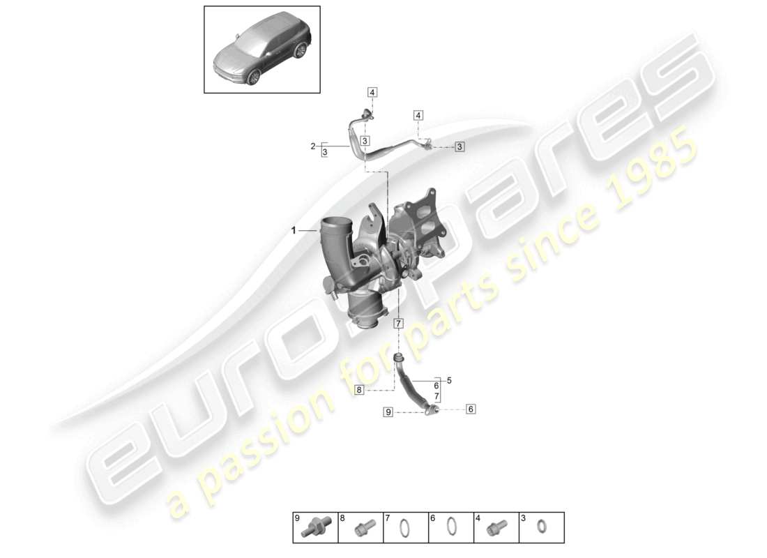porsche 2023 (cayenne e3 9ya/9yb) linea di pressione dell'olio per il raffreddamento dell'olio motore diagramma delle parti del turbocompressore a gas di scarico