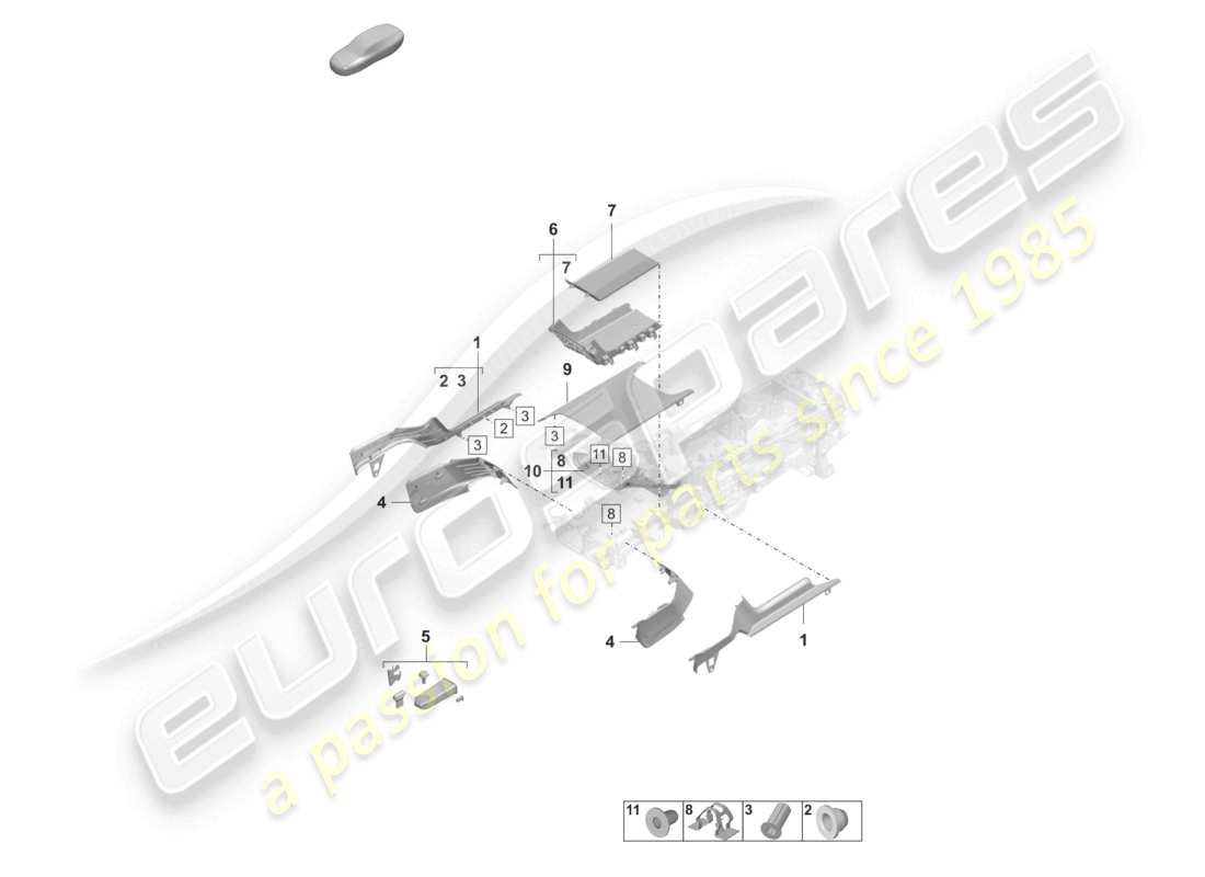 porsche 2022 (taycan 9j1-1) finiture vassoio anteriore consolle centrale diagramma delle parti