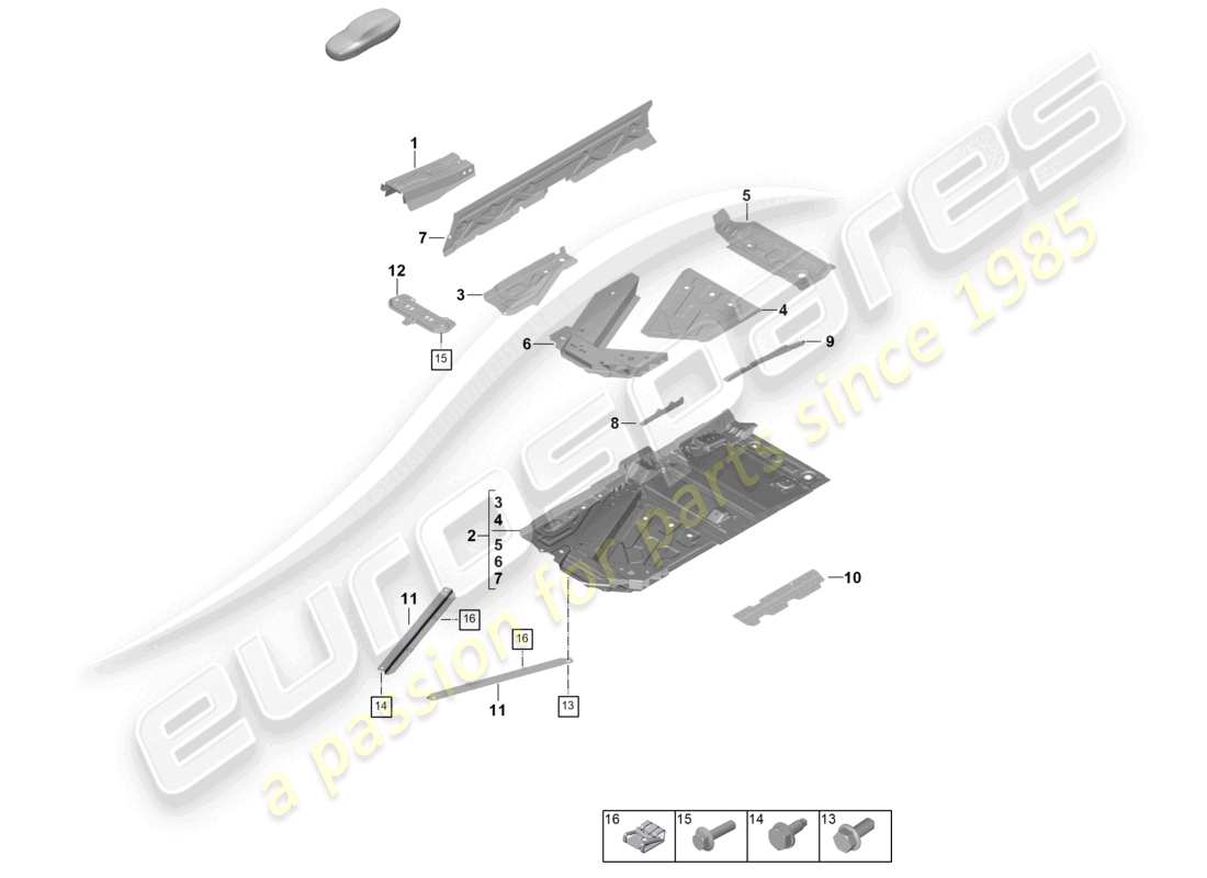 porsche 2025 (992-2 gt3) diagramma delle parti del tunnel della piastra inferiore
