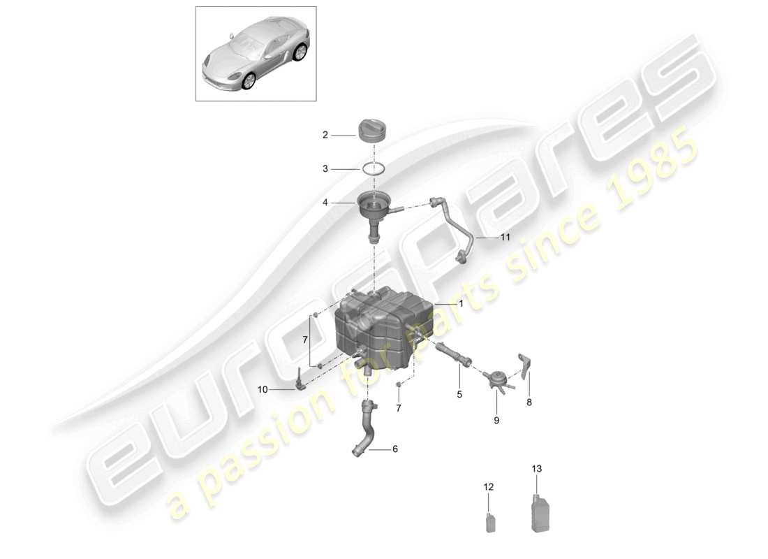 porsche 2022 (718 cayman) sistema di raffreddamento del liquido di raffreddamento serbatoio di espansione del liquido di raffreddamento diagramma delle parti