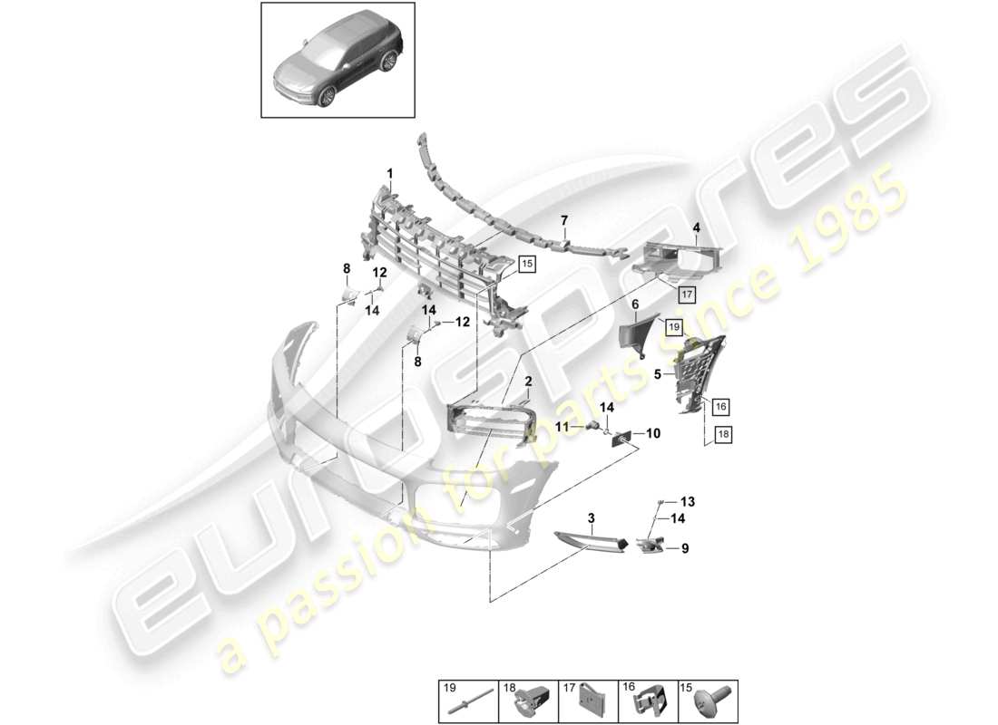 porsche 2023 (cayenne e3 9ya/9yb) paraurti anteriore parti singole di base e elementi di fissaggio pacchetto sport design diagramma delle parti