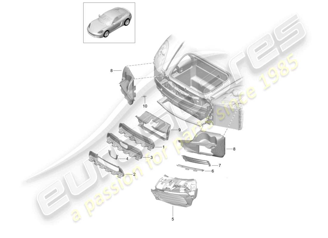 porsche 2021 (718 cayman) schema delle parti del paraurti anteriore della guida dell'aria
