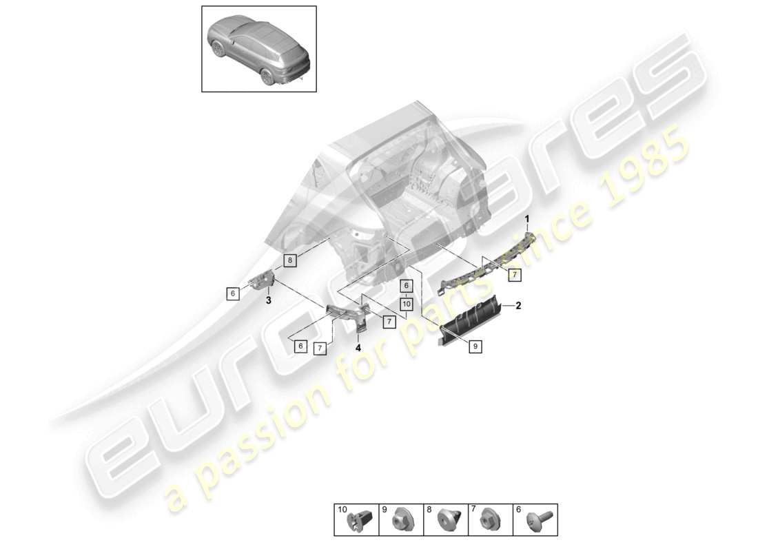 porsche 2024 (cayenne e3 9ya/9yb) schema dei componenti del pacchetto sport design del paraurti posteriore