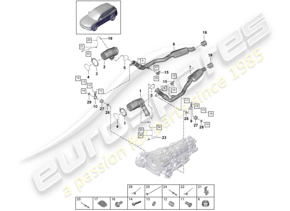 porsche 2023 (cayenne e3 9ya/9yb) sistema di scarico convertitore catalitico sonda lambda convertitore catalitico schema delle parti
