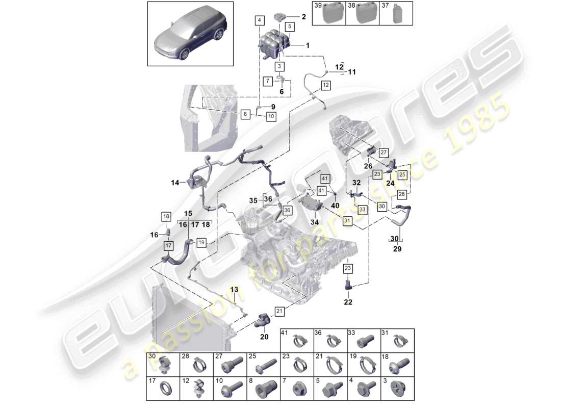porsche 2024 (cayenne e3 9ya/9yb) sistema di raffreddamento del liquido di raffreddamento serbatoio di espansione del liquido di raffreddamento tubo del liquido di raffreddamento diagramma delle parti