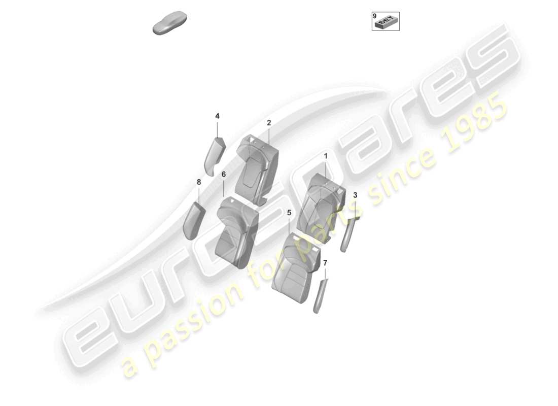 porsche 2020 (taycan 9j1-1) sezione in schiuma per supporto lato riposo. rivestimento schienale panca (3-seater) sedile comfort diagramma delle parti