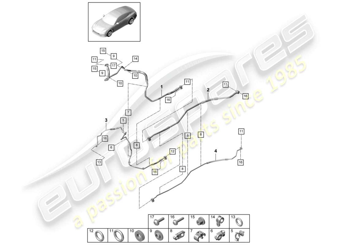 porsche 2021 (panamera 971-1) circuito refrigerante evaporatore sottoscocca ibrido schema delle parti