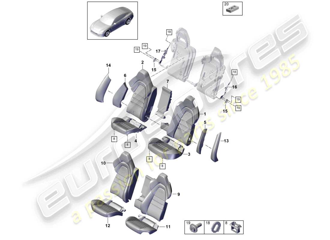 porsche 2021 (panamera 971-1) sedile posteriore sedile standard versione sportiva coprisedili in schiuma coprisedili schema dei componenti