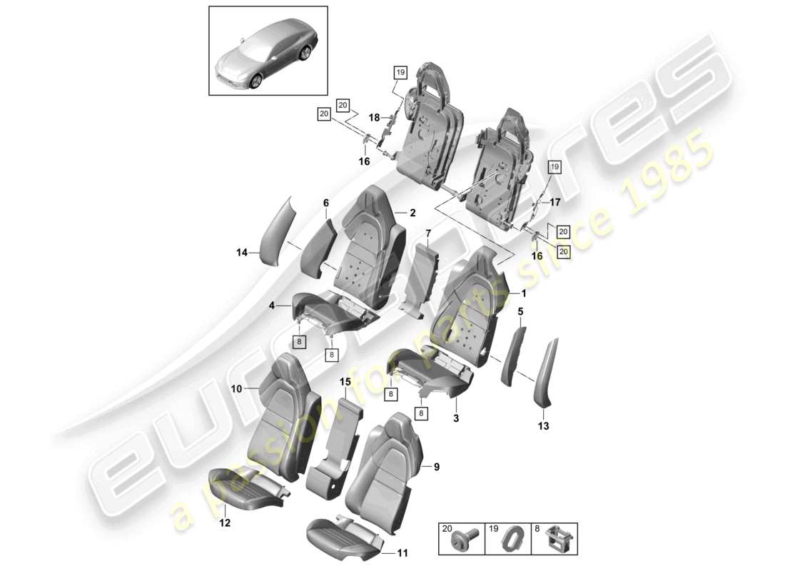 porsche 2021 (panamera 971-1) sedile posteriore per veicoli con passo allungato versione comfort coprisedili in schiuma schema dei componenti