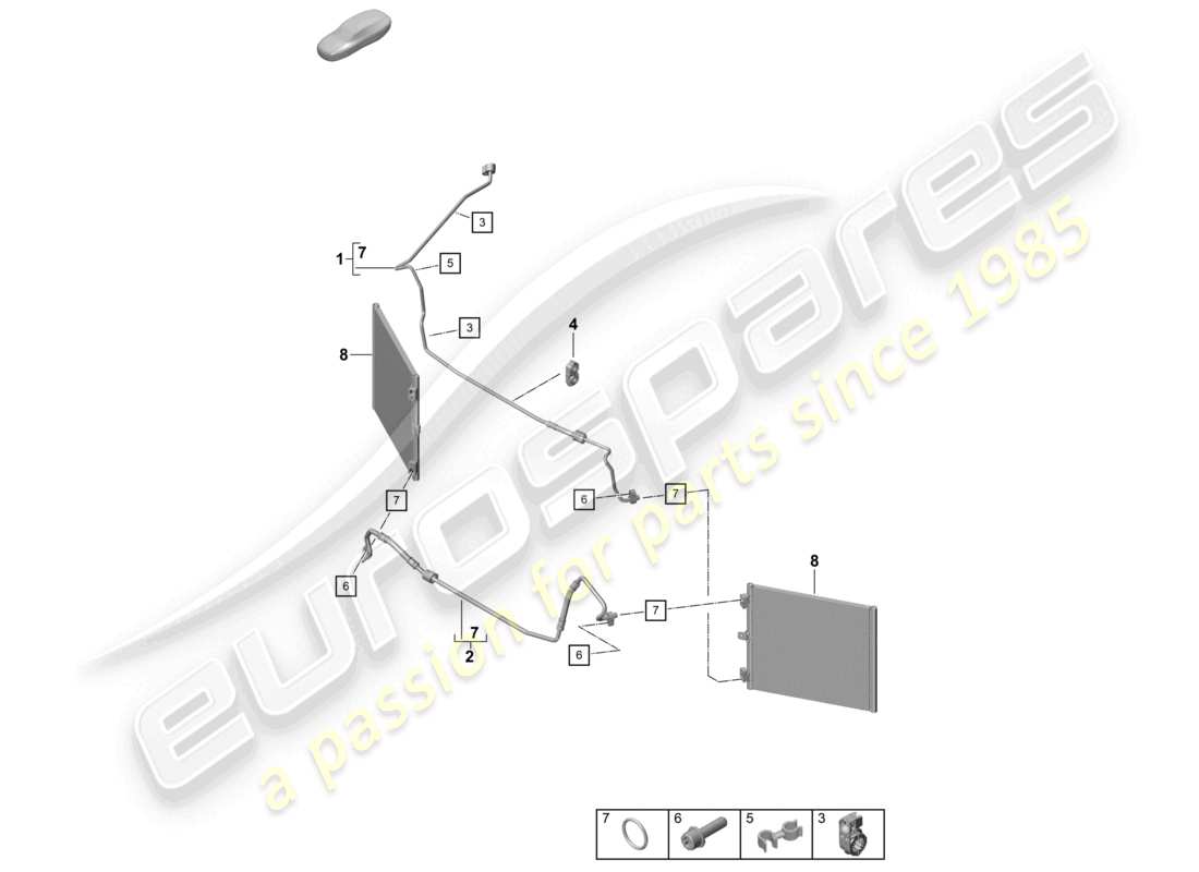 porsche 2021 (718 cayman gt4) schema delle parti del condizionatore anteriore, della linea del refrigerante e del passaruota