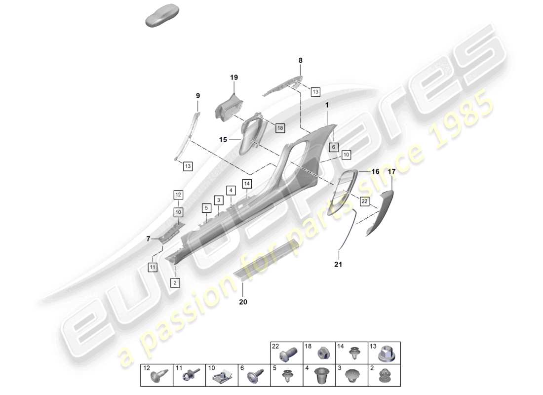 porsche 2021 (718 cayman gt4) schema delle parti del vano motore del rivestimento del longherone e della guida dell'aria