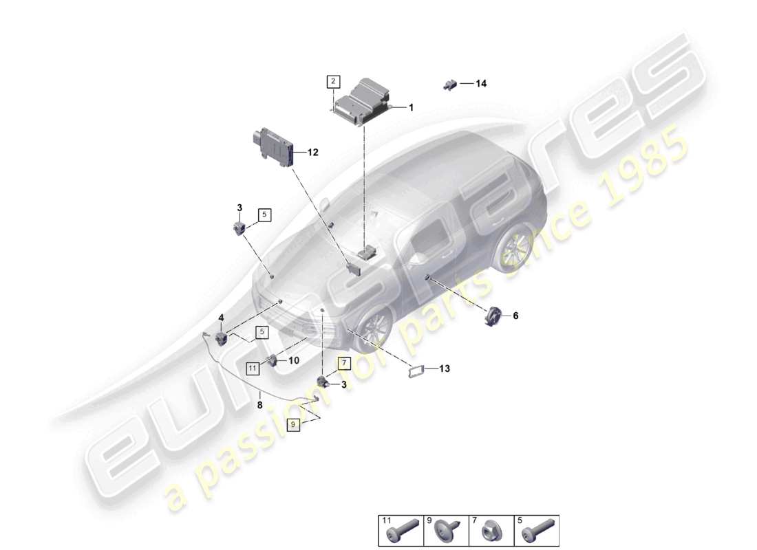 porsche 2025 (cayenne e3 pa) centralina airbag sensori sensore di pressione protezione pedoni schema delle parti