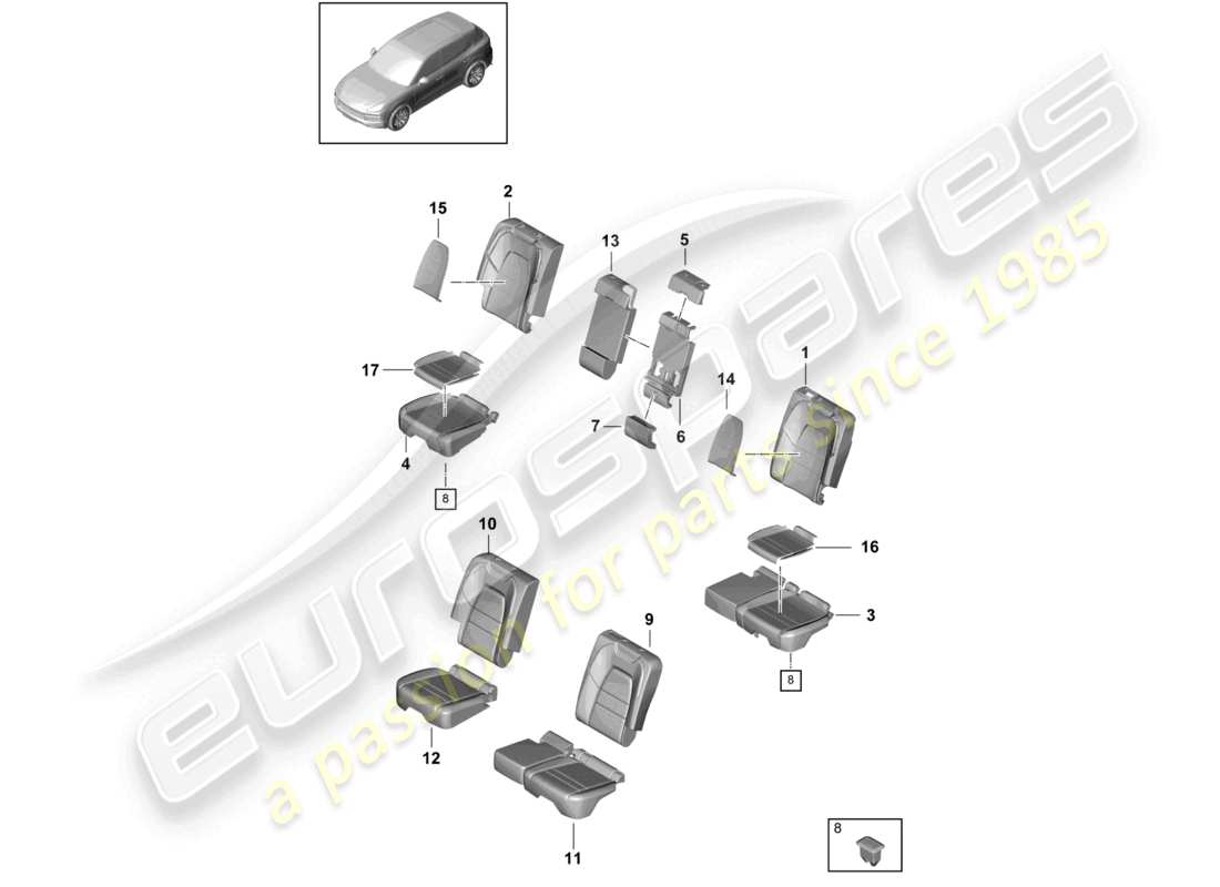 porsche 2021 (cayenne e3 9ya/9yb) sedile posteriore sedile standard schienale in schiuma coprisedili coprisedili schema delle parti
