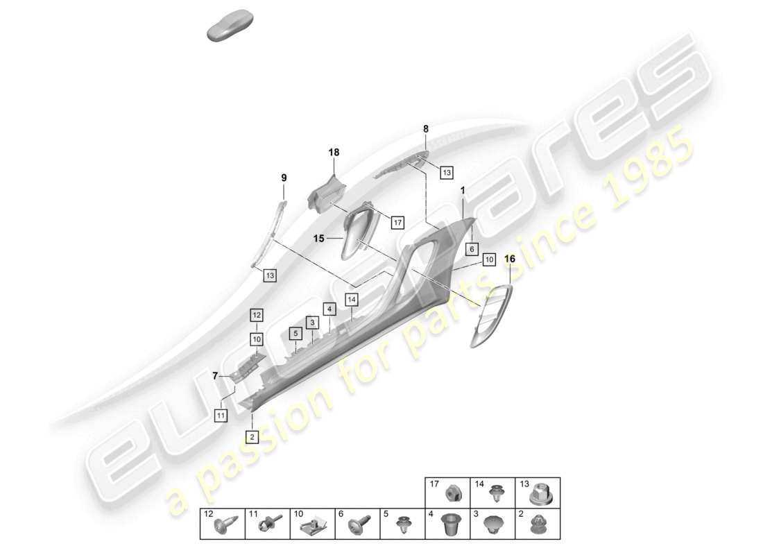 porsche 2023 (718 boxster spyder) schema delle parti del vano motore del rivestimento del longherone e della guida dell'aria