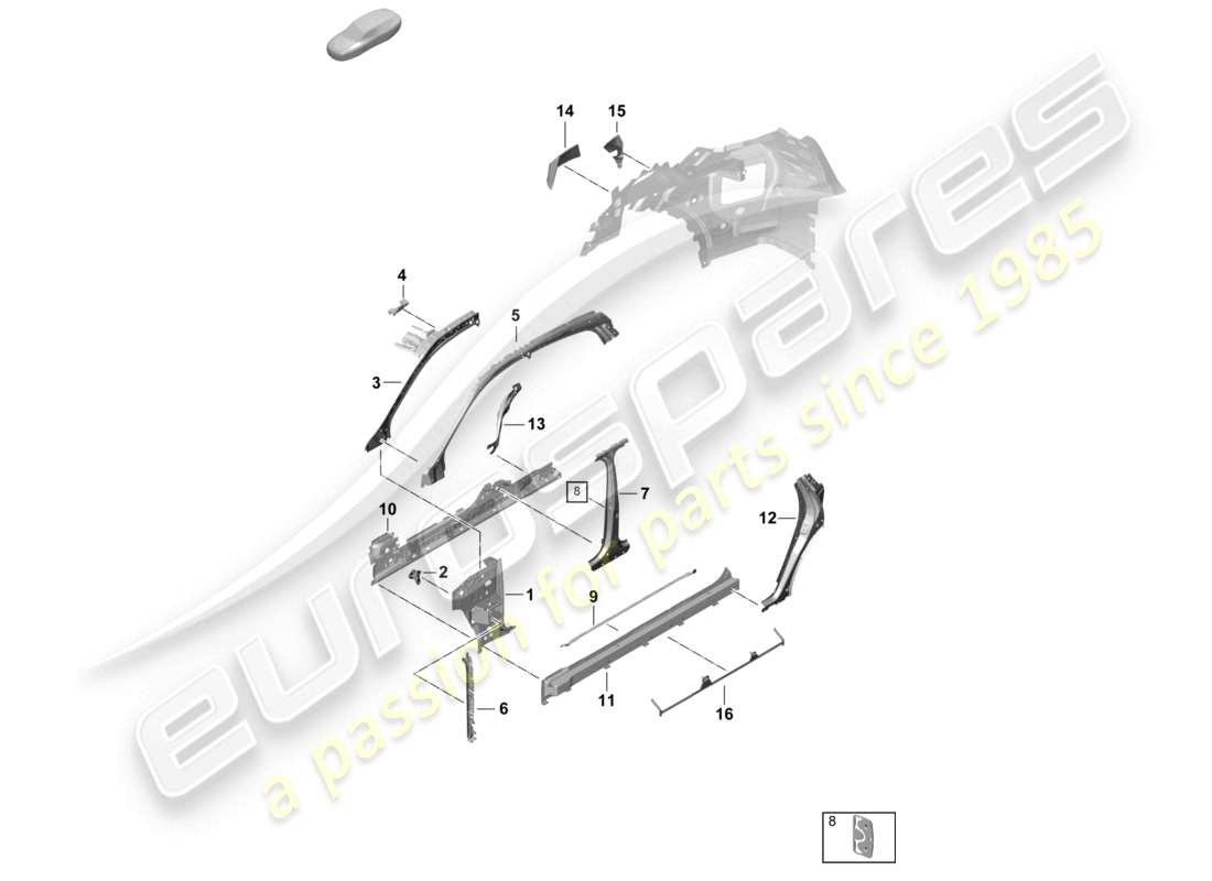 porsche 2025 (cayenne e3 pa) parte laterale anteriore, diagramma interno della parte coupé