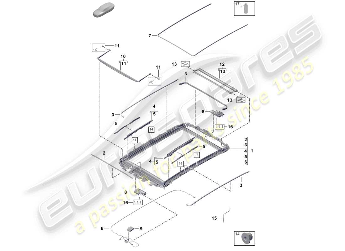 porsche 2025 (cayenne e3 pa) schema delle parti degli accessori del telaio del tetto in vetro