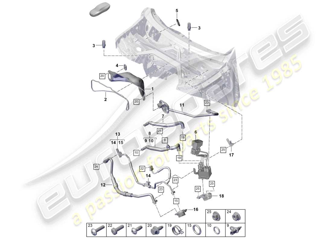 porsche 2025 (cayenne e3 pa) riscaldamento, sistema di aria condizionata, scatola dell'acqua a sinistra per veicoli con trazione ibrida schema delle parti