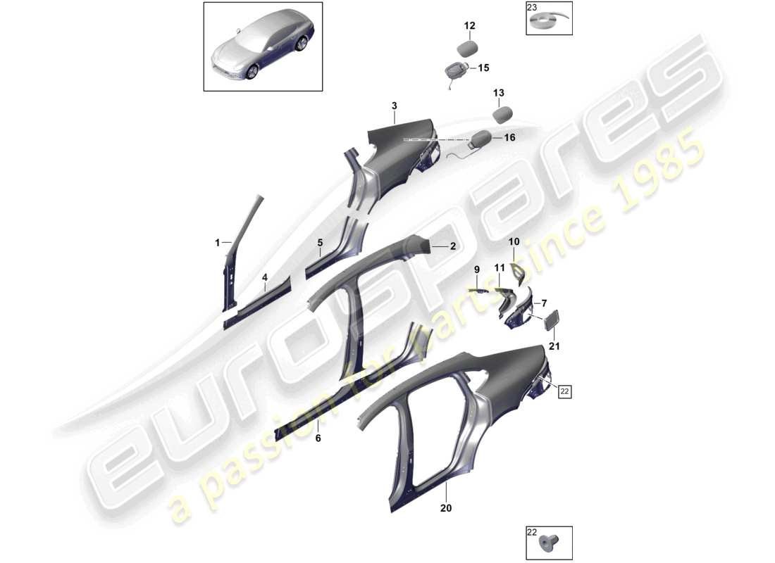 porsche 2021 (panamera 971-1) parte laterale esterna diagramma delle parti