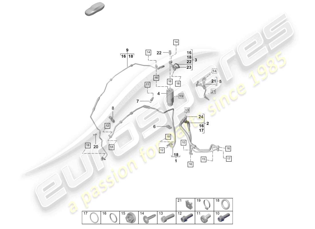 porsche 2022 (992-1 gt3/rs/st) schema delle parti della linea refrigerante (valvola di espansione >essiccatore) dell'aria condizionata lhd