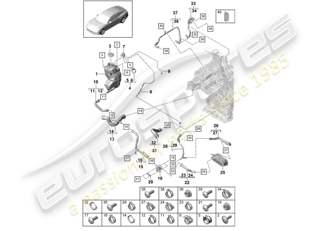porsche 2021 (panamera 971-1) sistema di raffreddamento del liquido di raffreddamento serbatoio di espansione del liquido di raffreddamento linea di sfiato diagramma delle parti